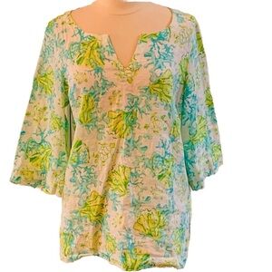 J Jill Love Linen Tunic Blouse Top Size M Blue Green Sea Turtle Print *flaw Read